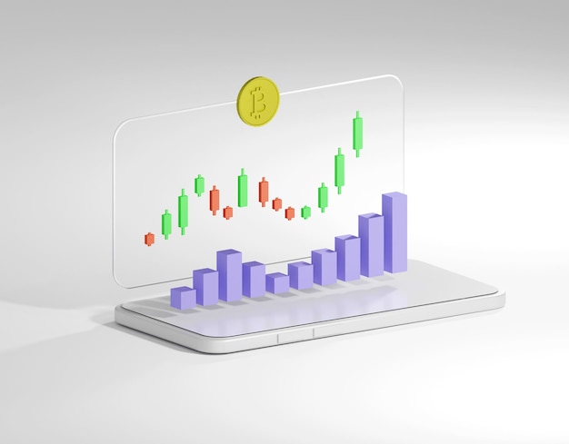 La ilustración del gráfico de velas Bitcoin en 3D Render