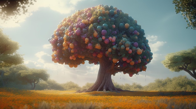 Ilustración de un gran árbol en medio de un bosque