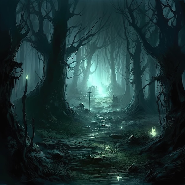 Ilustración de un gran bosque oscuro de fantasía