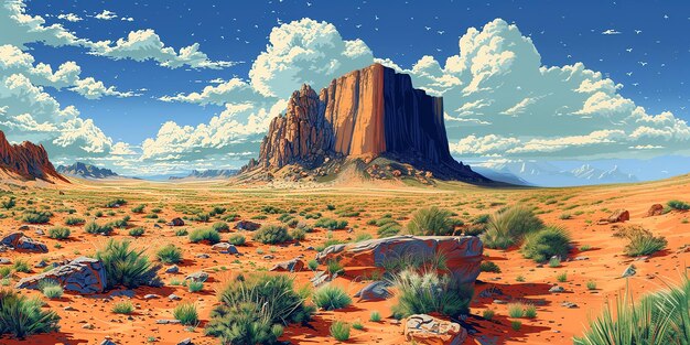 Ilustración de gran formato de un hermoso paisaje desértico con montañas