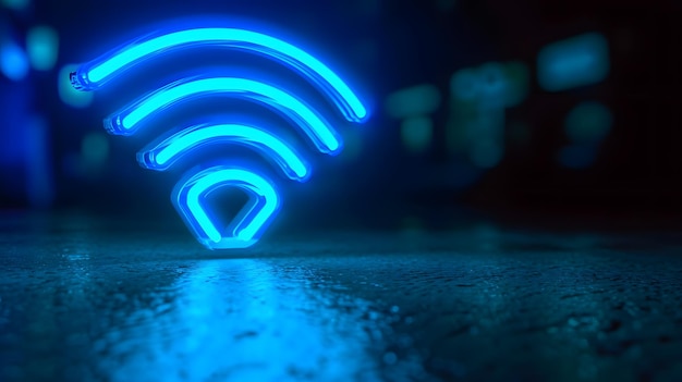 Foto ilustración de un gran icono wifi en el fondo oscuro con luz azul vívida