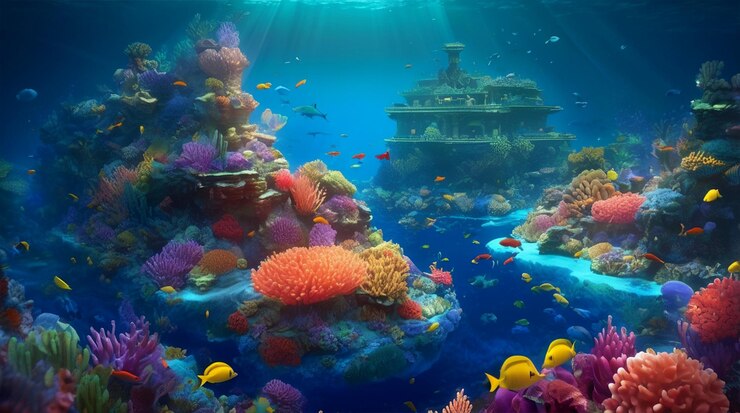 Ilustración de Grandes arrecifes de coral bajo el mar forman un magnífico reino de peces