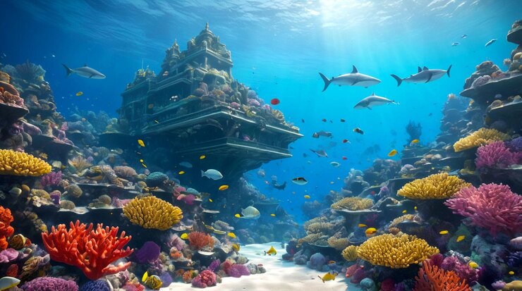 Ilustración de Grandes arrecifes de coral bajo el mar forman un magnífico reino de peces