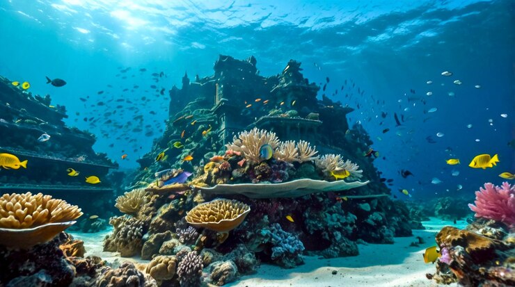 Ilustración de Grandes arrecifes de coral bajo el mar forman un magnífico reino de peces