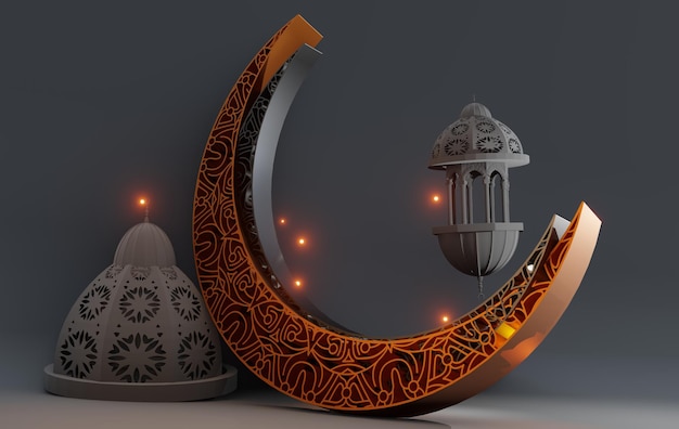 Ilustración de la grandeza islámica de la mezquita del podio de renderización animada en 3D con conjunto de símbolos de la luna creciente