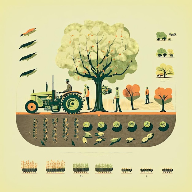 Una ilustración de un granjero en un tractor plantando árboles