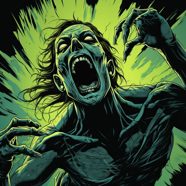 Ilustración de gritos de zombies muy detallada en cian oscuro y verde