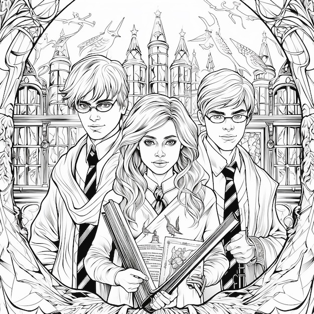 Ilustración grupal para colorear inspirada en Harry Potter mágico de niños y niñas