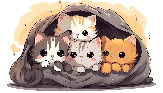 Foto ilustración de un grupo de adorables gatitos juntos en una manta