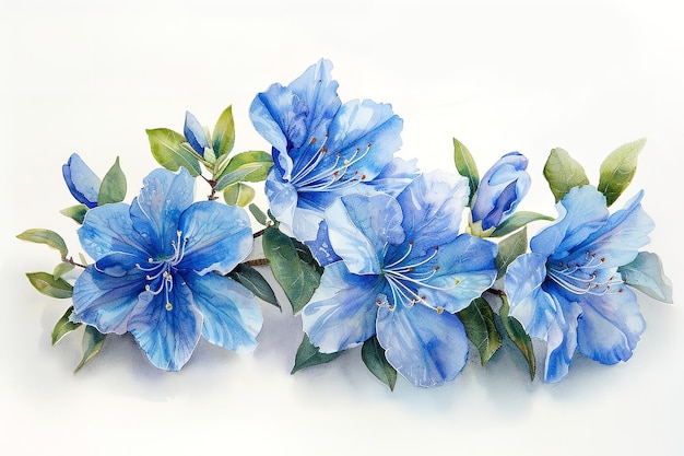 Una ilustración de un grupo de azaleas azules en acuarela o pintura con un gran espacio contra un telón de fondo blanco limpio para texto o publicidad de producto IA generativa