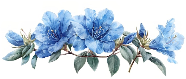 Foto una ilustración de un grupo de azaleas azules en acuarela o pintura con un gran espacio contra un telón de fondo blanco limpio para texto o publicidad de producto ia generativa