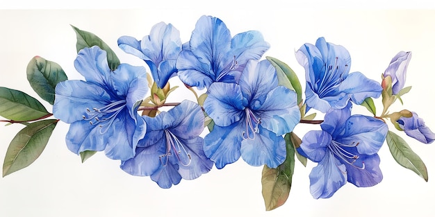 Foto una ilustración de un grupo de azaleas azules en acuarela o pintura con un gran espacio contra un telón de fondo blanco limpio para texto o publicidad de producto ia generativa