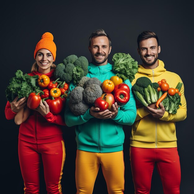 Foto ilustración del grupo de deportistas con verduras.