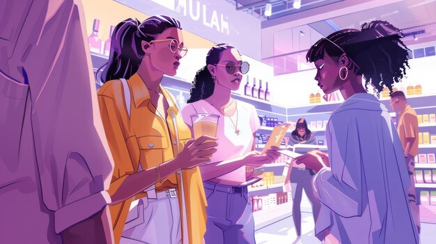 Ilustración de un grupo diverso de personas comprando dinámica estilizada