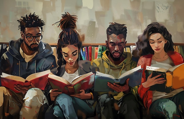Foto ilustración de un grupo de jóvenes de diversas etnias leyendo libros en una biblioteca