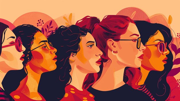 ilustración de un grupo de mujeres con gafas y un fondo rojo ai generativo