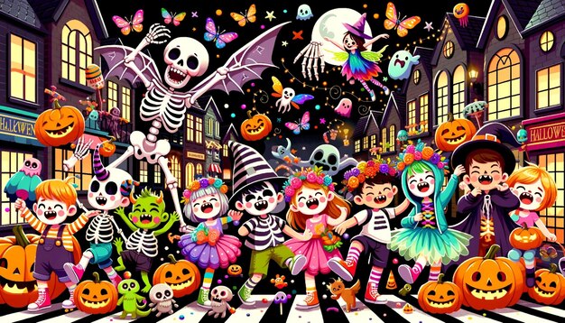 Ilustración de un grupo de niños celebrando Halloween en el medio de la ciudad