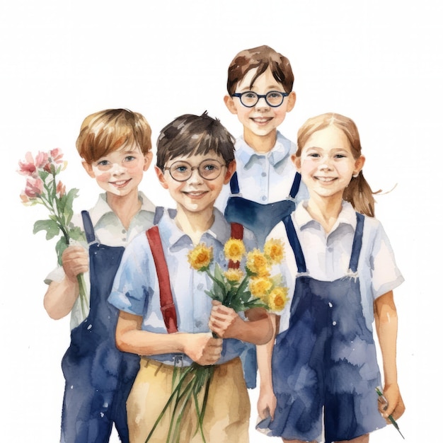 Ilustración de un grupo de niños con un ramo de flores