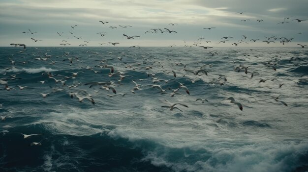 Ilustración de un grupo de pájaros volando sobre las olas del mar