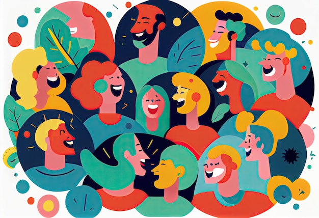 Una ilustración de un grupo de personas con diferentes colores y las palabras 'feliz'