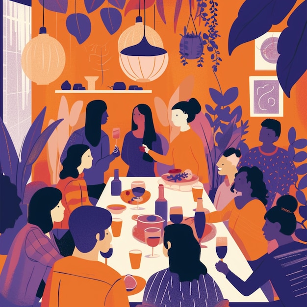 Ilustración de un grupo de personas sentadas alrededor de una mesa comiendo generativo ai