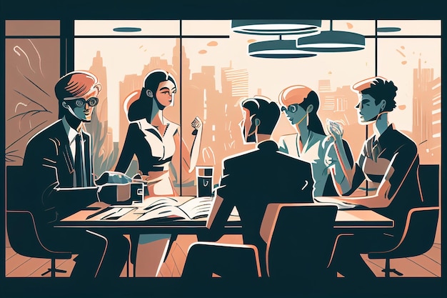 Ilustración de un grupo de personas sentadas a la mesa con un hombre con traje y corbata ai generativo