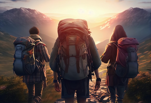 Ilustración de un grupo de turistas con mochila camina en las montañas al atardecer ai