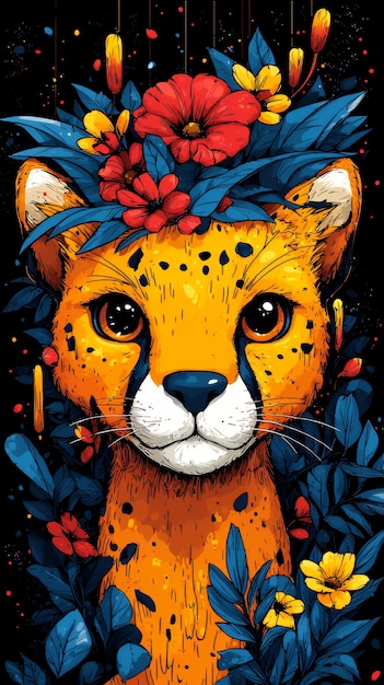 Ilustración de un guepardo con una corona de flores