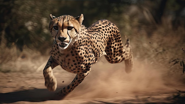 Ilustración de un guepardo corriendo tras su presa en el bosque
