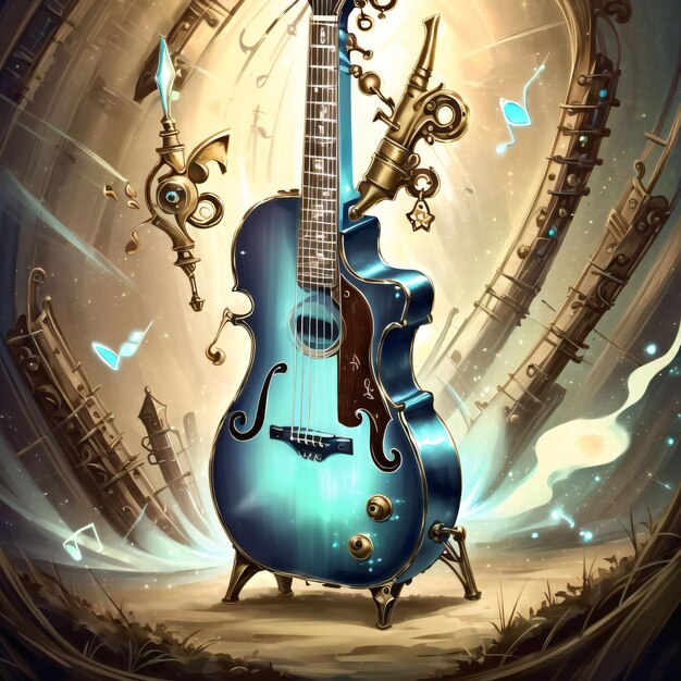 Foto ilustración de una guitarra aetherpunk