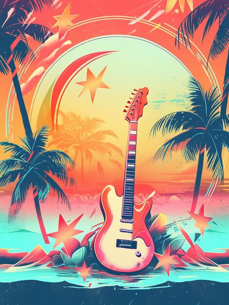 Ilustración de una guitarra en una playa con palmeras y un atardecer generativo ai