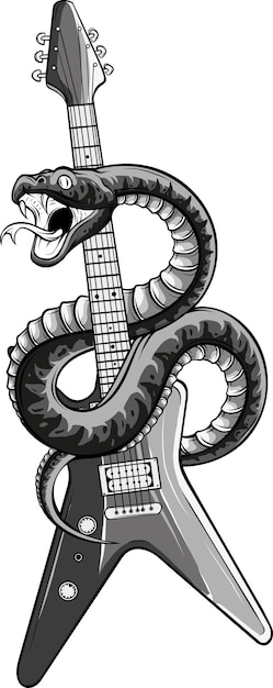 Foto ilustración de una guitarra con una serpiente en fondo blanco