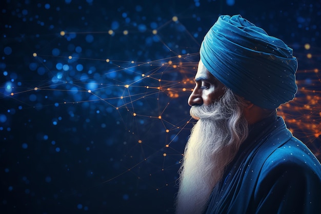 Ilustración de Guru Nanak con fondo neural azul