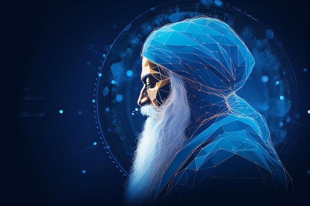 Ilustración de Guru Nanak con fondo neural azul