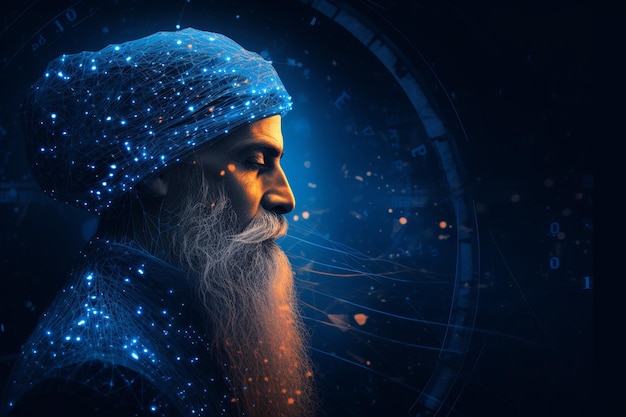 Ilustración de Guru Nanak con fondo neural azul