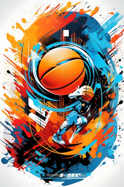 Ilustración habilidad y estrategia de baloncesto dinámico y de alto contraste Colo Flat 2D póster de arte deportivo
