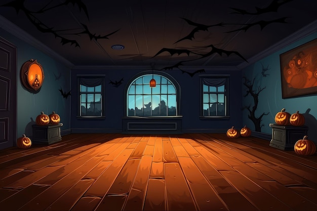 Foto ilustración de una habitación de halloween con calabazas y murciélagos.