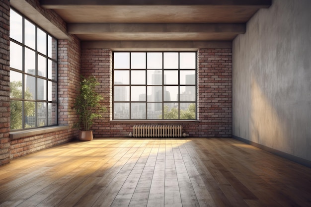 Ilustración de una habitación vacía con una pared de ladrillos y ventanas grandes IA generativa