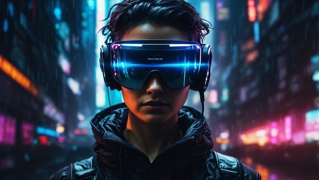 Ilustración de un hacker cyberpunk en una realidad virtual