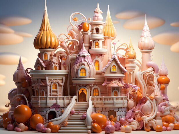 Foto ilustración de halloween en 3d de un castillo de cuento de hadas con decoraciones de calabaza rosa y amarilla