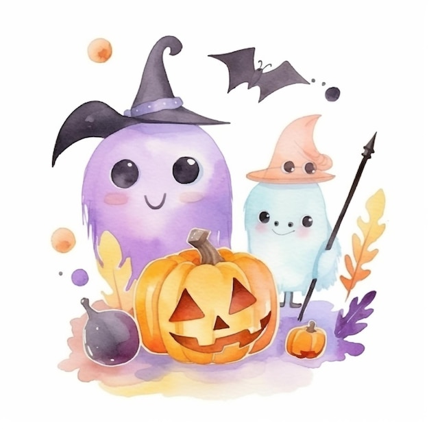 Ilustración de Halloween de una bruja y una calabaza