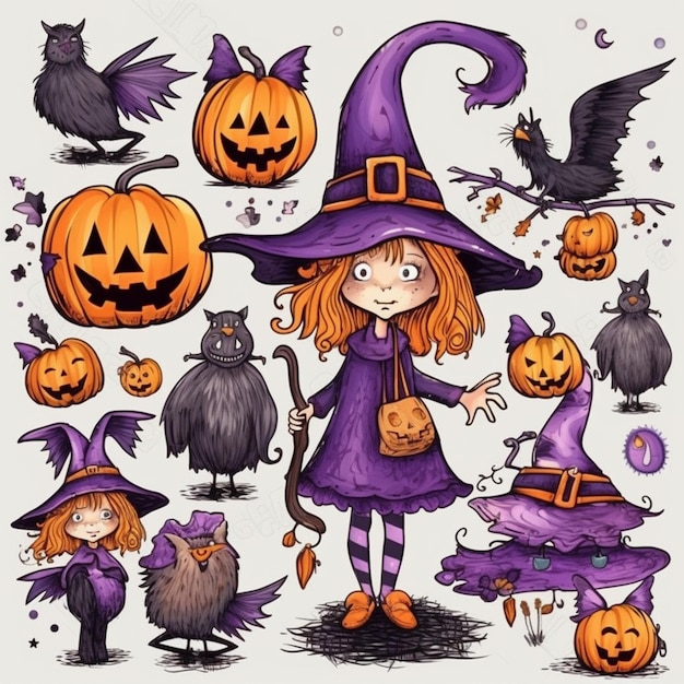 Una ilustración de Halloween de una bruja con calabazas y un sombrero de bruja.