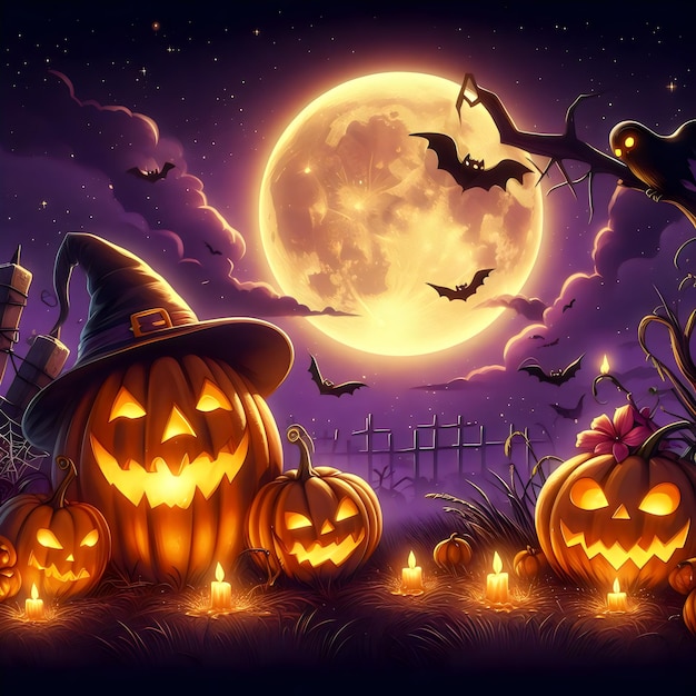 Una ilustración de Halloween de calabazas y murciélagos con una luna llena detrás de ellos generada por Ai