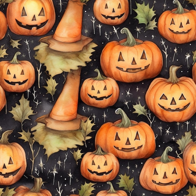 Una ilustración de halloween de calabazas con un sombrero y un cono en la parte superior.