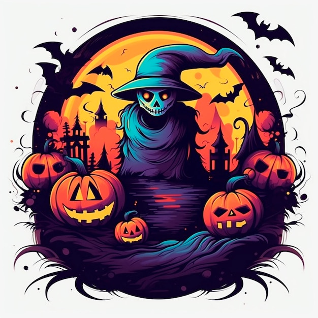 Ilustración de Halloween con calavera y calabaza.