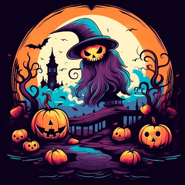 Ilustración de Halloween con calavera y calabaza.