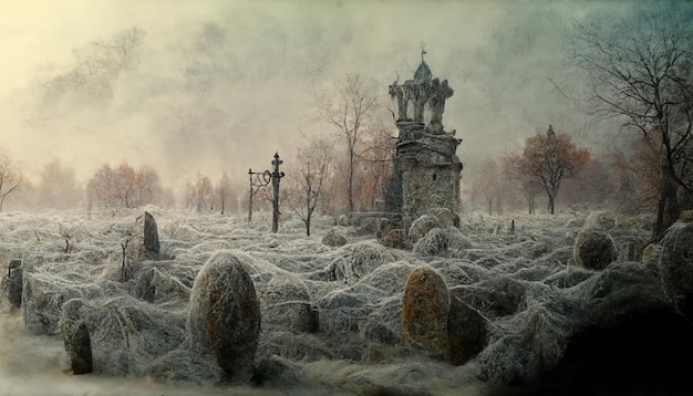 Ilustración de Halloween casa embrujada con calabazas. Ilustración realista del festival de halloween.