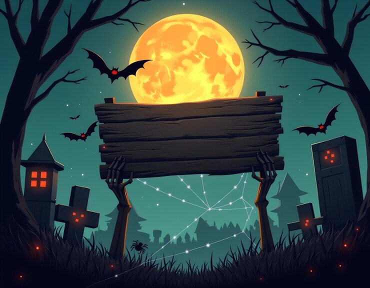 una ilustración de halloween de un cementerio con murciélagos volando a su alrededor