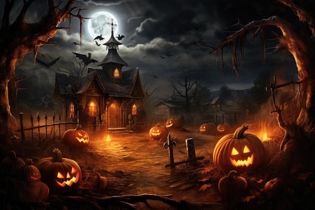 Ilustración de Halloween embrujada que muestra linternas de Jack o brillando en la oscuridad