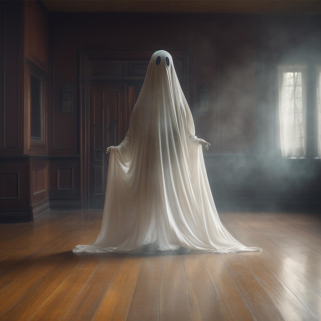 Ilustración para Halloween Un fantasma vestido con un traje blanco de pie sobre un suelo de madera al estilo de naranja claro y gris oscuro IA generativa